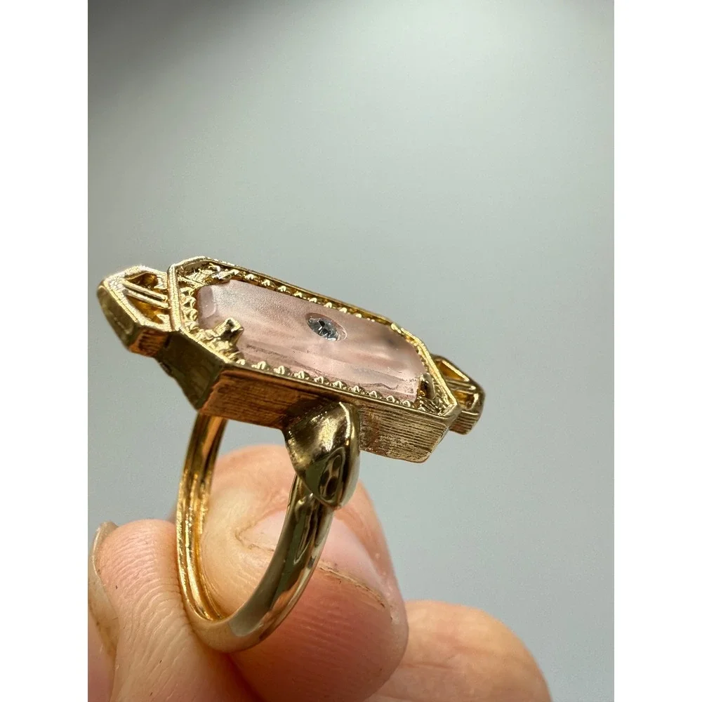Avon Frostlights Pink Camphor Glass Ring Gold Tone Vintage Art Deco Size 5.5